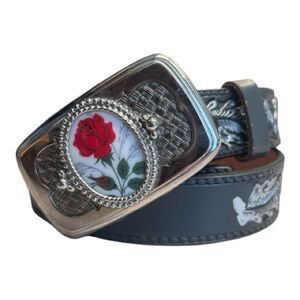 Mallory Black Western Leather Embossed Belt Silver Tone Buckle with Rose Inlay